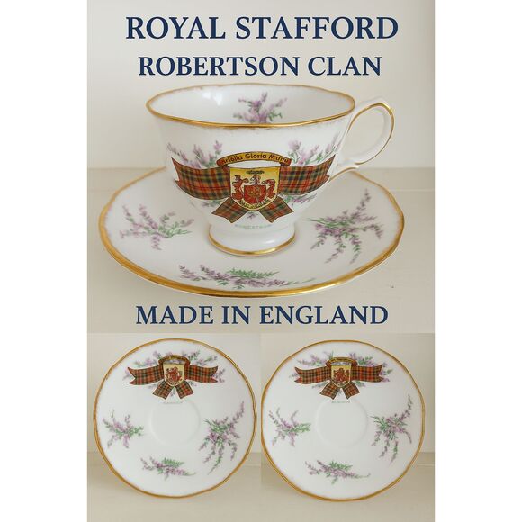Royal Stafford Robertson Clan Tartan Teacup & Saucer Scottish Crest Heather - Picture 2 of 4